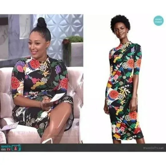 Alice + Olivia Delora Mock Neck Fitted Dress Valley Lake Floral Black.  SZ 8 - Picture 3 of 7